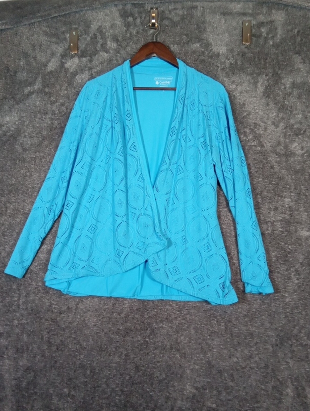 Coolibar Turquoise Open-Front Sun Protection Cardigan Crochet Overlay Womens L